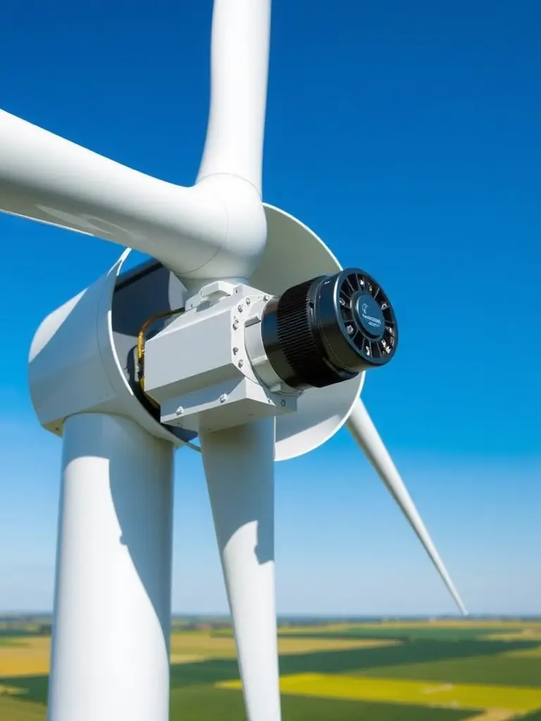 A ScaleFlux-SREX motor used in a wind turbine, highlighting its efficiency in energy generation and sustainable material composition.