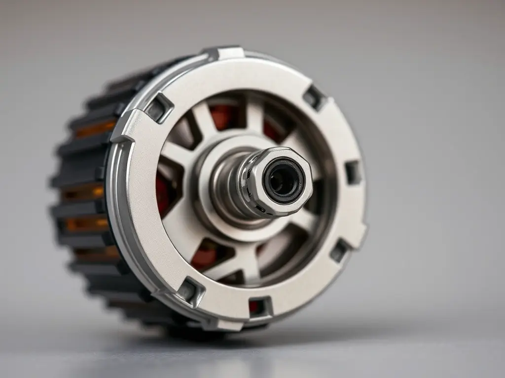 A detailed close-up shot of the ScaleFlux-SREX motor's dual rotor system, showcasing its intricate design and highlighting the absence of magnets. The image should convey innovation and precision engineering.